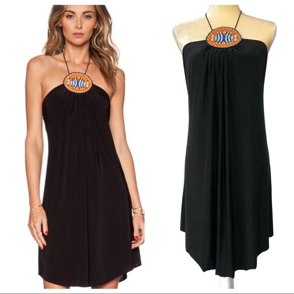 T-bags Los Angeles Black Halter Beaded Swing Dress - Picture 1 of 8